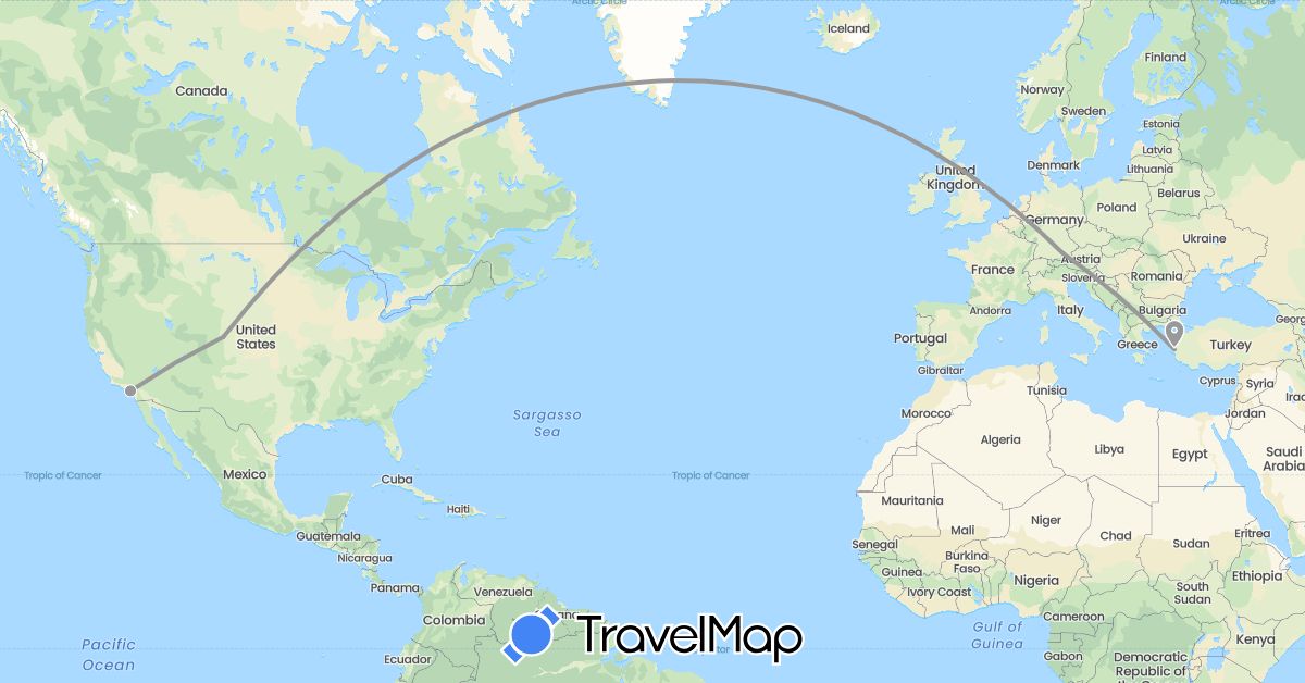 TravelMap itinerary: driving, plane in Germany, Turkey, United States (Asia, Europe, North America)